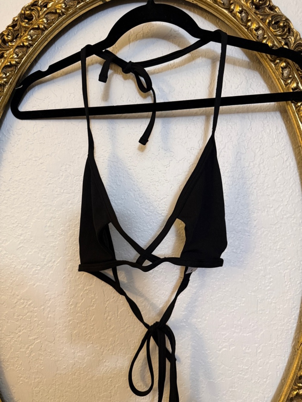 Black Ribbed Tie-Back Triangle Bikini Top